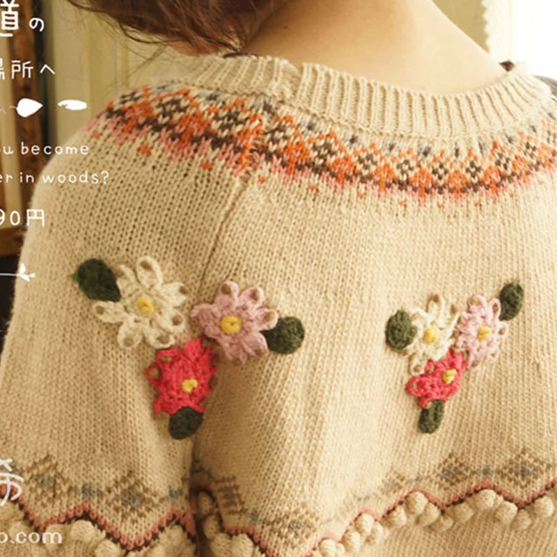 Harajuku Осень Зима Mori Girl Милые пуловеры свитер женская одежда Цветочные аппликации Женский вязаный мягкий свитер A228
