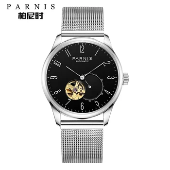 

Parnis 41.5MM Hollow Black Dial Mechanical Men Watches Mesh Strap Automatic self winding Men's Watch hommes montres Man Clock