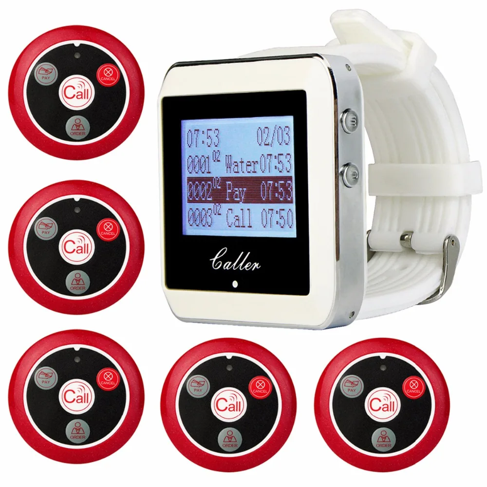 

Retekess Restaurant Pager Wireless Wiater Calling System 5 Call Transmitter Button+1 Watch Receiver 999 Channel 433MHz F3288B