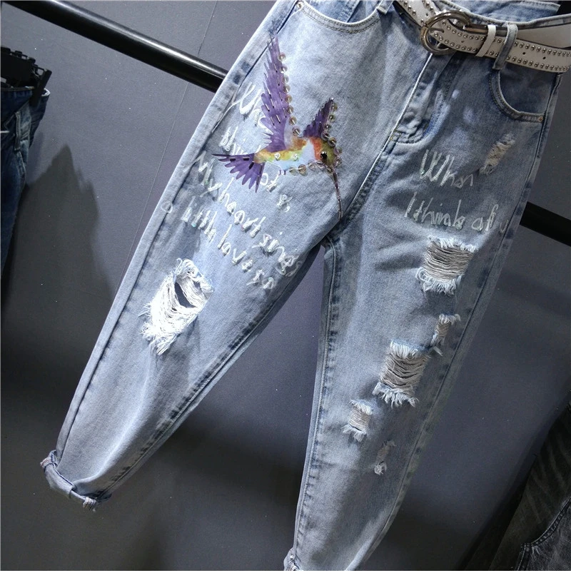Женские джинсы с дырками, лето, новая мода, высокая талия, длина по щиколотку, с принтом, шаровары размера плюс
