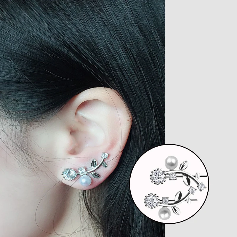 

New Fashion Crystal Earrings Ear Crawler for Women Pearl Women Branch Pearl Flower Style Ear Cuff Clip Earrings Female Jewelry