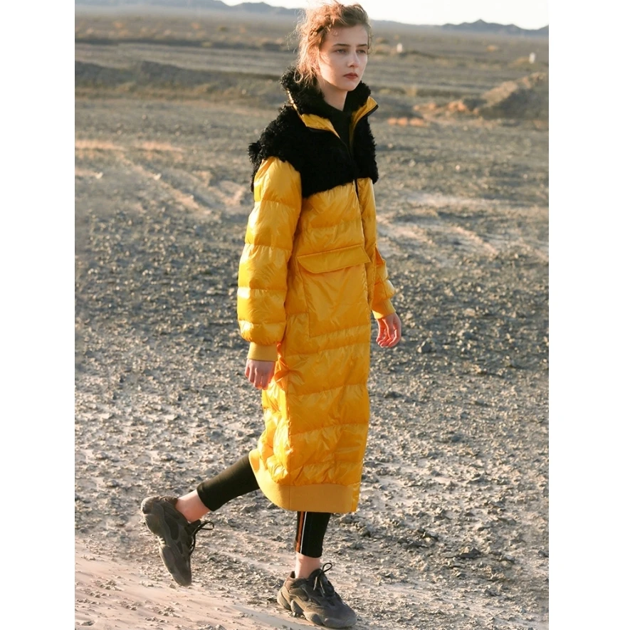 Patchwork D'agneau Veste D'hiver Bright 2018 Réel Nouvelle Longues Yellow Jaune Blanc Vif Fourrure De Noir Manteau Duvet Collection Femmes Canard qYww0cUxZT