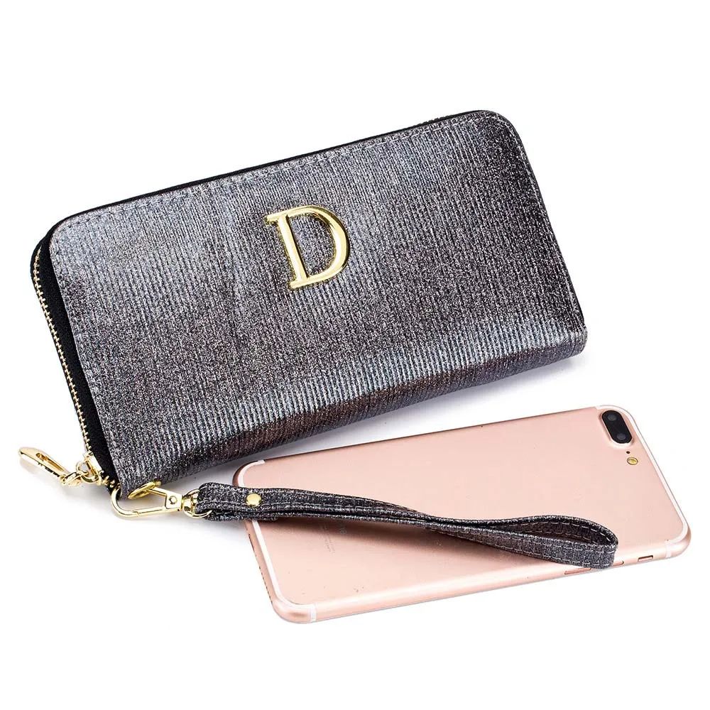 Роскошный брендовый длинный женский кошелек из натуральной кожи, блестящий клатч на молнии, держатель для карт, телефона, блестящий ручной ремень, кошелек для монет - Цвет: Black