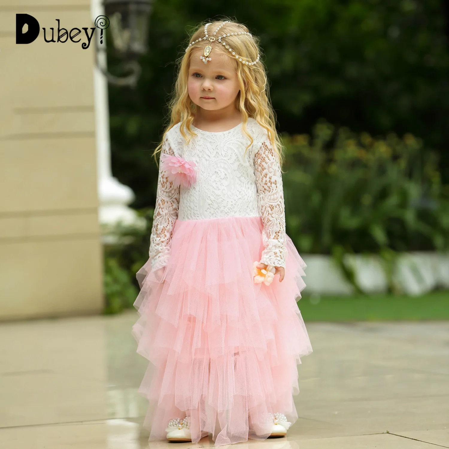 

Lace Layered Princess Dress Flower Girl Tulle Long Frock Little Girl Party Dress Elegant Evening Prom Dress for Wedding Birthday