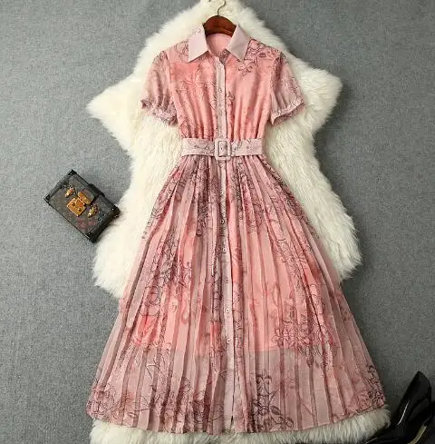 

Женское однобортное платье-рубашка с короткими рукавами и отложным воротником, плиссированная юбка с принтом, весна-лето 2019