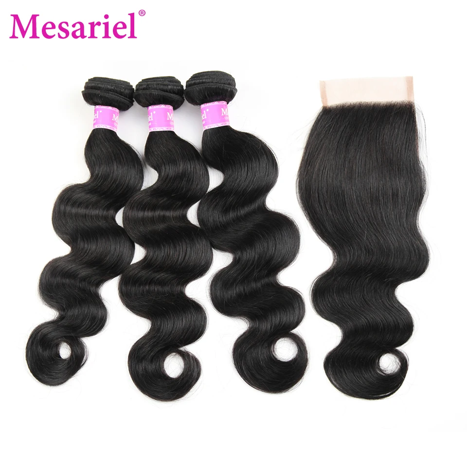 Buy 3 Bundles get 1 FREE Closure free Part Mesariel Brazilian Human Hair Weave With Closure Non remy Hair Brazilian Body Wave brazilian-body-wave-hair-bundles