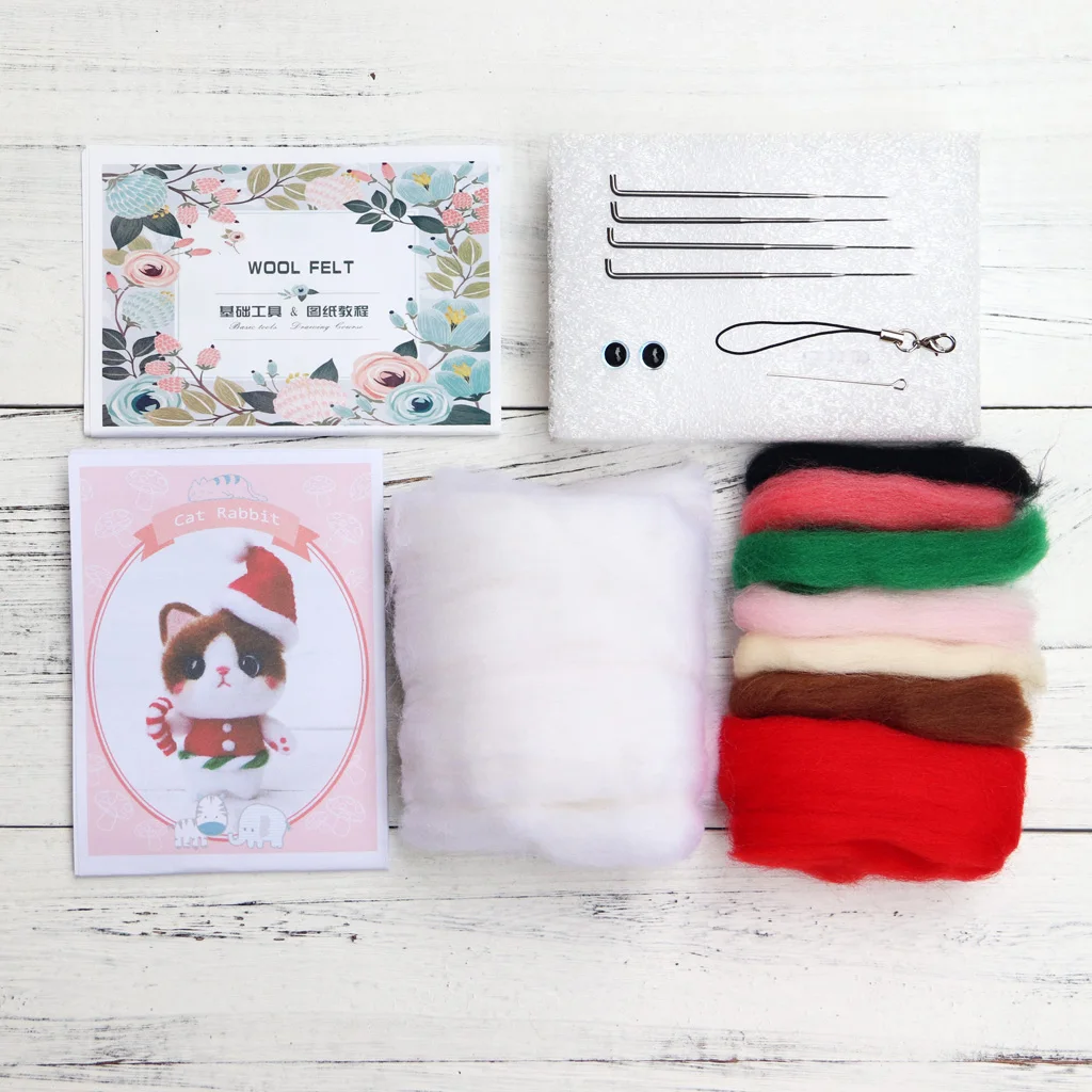 Novelty Cat Felt Craft Kit Wear Christmas Hat Animal Wool Needle Felting for Kids Children Funny Gift
