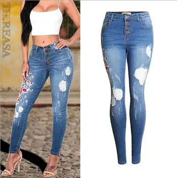 

Europe and the United States 2018 new fashion embroidery Slim jeans high waist embroidered pants pencil pants hole jeans women