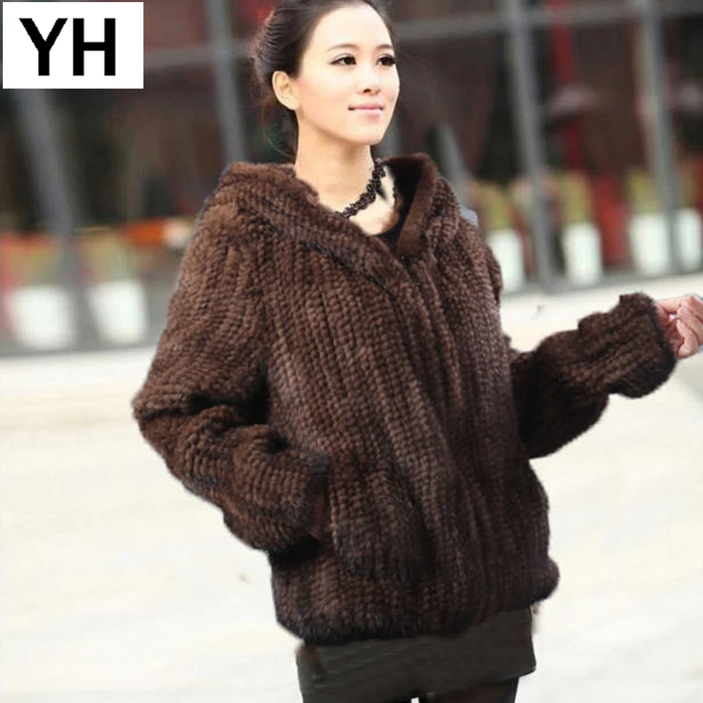 

Hot Sale Knitted Real Mink Fur Coat Hooded Real Genuine Mink Fur Jacket Autumn Winter Women 100% Natural Real Mink Fur Overcoat