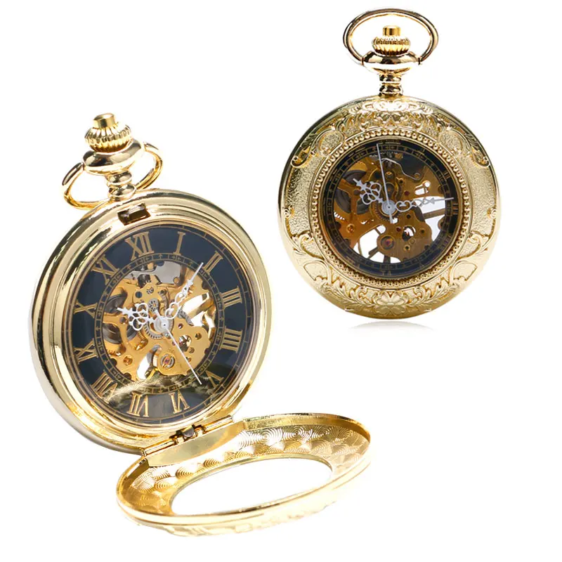 Luxury Golden Mechanical Hand Wind Pocket Watch Men Women Gift Skeleton