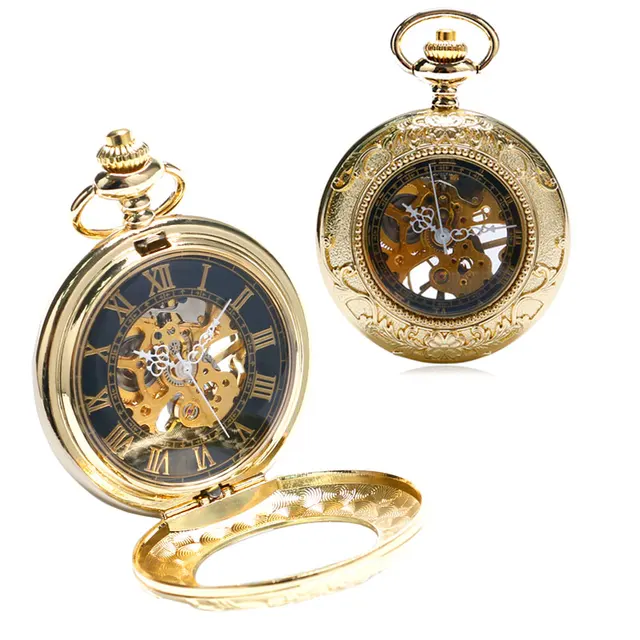 Luxury Golden Mechanical Hand Wind Pocket Watch Men Women Gift Skeleton FOB Watc Luxury Golden Mechanical Hand Wind Pocket Watch Men Women Gift Skeleton FOB Watc