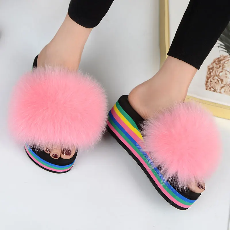 

New fox fur slippers 2019 women's fur house furry slippers plush summer rainbow colored heels sweet sandals