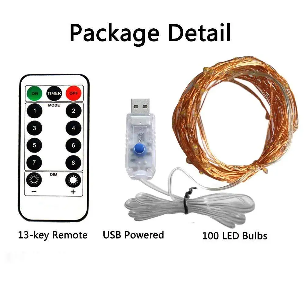 

5M 10M 8 Mode Remote Control Dimmable USB Powered LED Silver Gold Copper Wire String Lights Decor Christmas Fairy Garlands Light