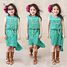 New 2016 Summer Baby Girls Dress Kids Sleeveless Lace Spliced Girl Lace Dresses Green Bohemian Kids Birthday Party Cloths