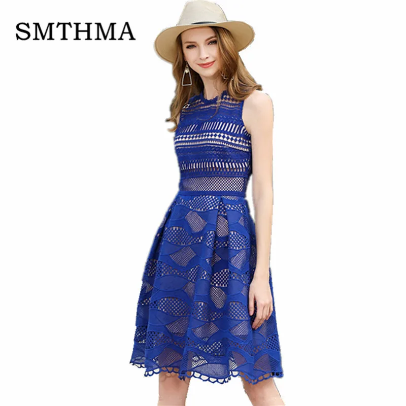 

SMTHMA 2019 Luxury Design Runway Dress Blue and white sleeveless summer Lace Dress