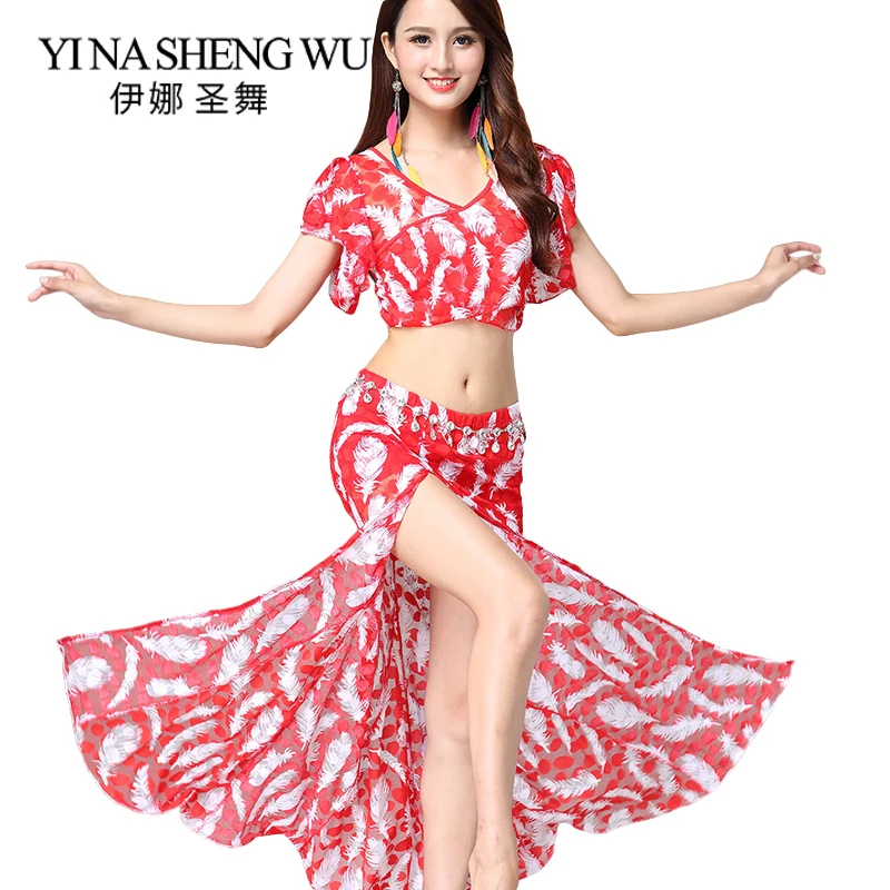 

New Arrival Women Belly Dance Autumn Lace Printed Split Long Skirt Female Adult Dance Performance Set Dance Practice Costume Set