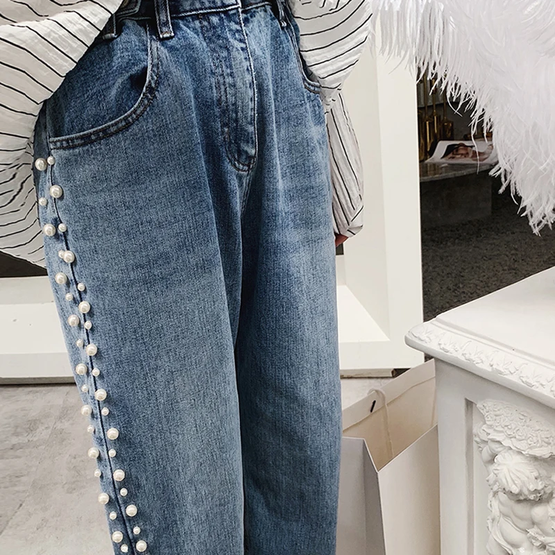 TWOTWINSTYLE корейский жемчуг лоскутное джинсы для женщин Высокая талия высокой талии размера плюс джинсовые брюки для женщин Мода