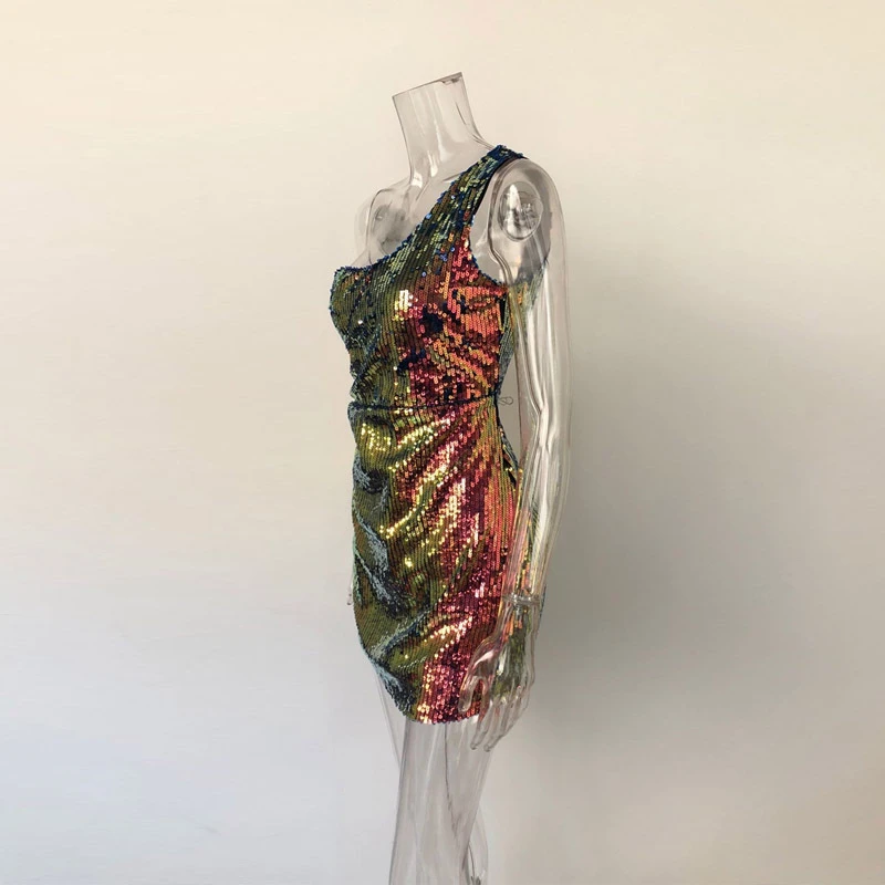 Шикарное разноцветное мини-платье с блестками, сексуальное платье на одно плечо с низким вырезом на молнии,, летнее женское уличное платье, вечерние, облегающее платье