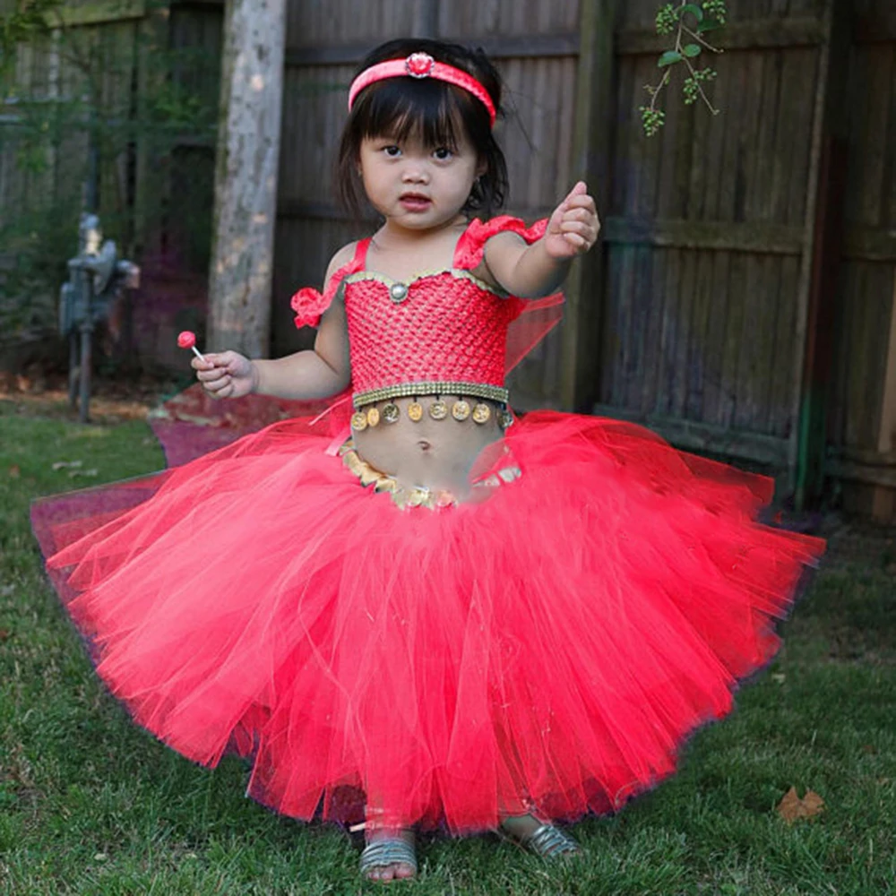 Princess Aladdin Jasmine Cosplay Tutu Dress With Matching Bow Red Lace Girl Birthday Party Dance Dresses Halloween Costume 1-14Y | Детская