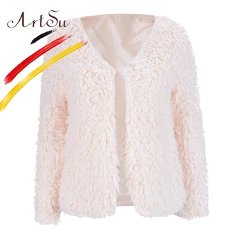 

ArtSu Women Winter Warm Grey Overcoat Casual V-Neck Long Sleeve Open Stitch Female Autumn Black Hairy Coat Jackets 2017