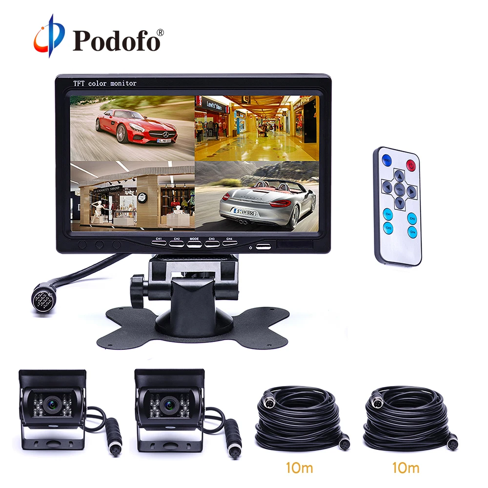 

Podofo 7" Split Screen Quad Monitor For Auto 18 IR Night Vision Backup Camera Aviation 4 Pins Car Rear View Camera For RV Truck