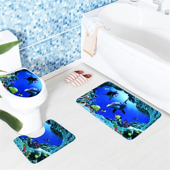 

Ocean Dolphins Three-piece Toilet Floor Mats Set of 3 Bathroom Mats Toilet Cover Set Rug Water Absorption Antiskid Floor Mat