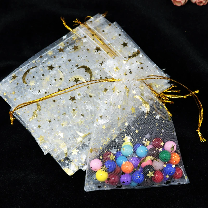 Звезда Луна Отпечатано ювелирные изделия Упаковочные пакеты 7x9 см 100 шт./лот Drawstring сумки из органзы для браслет Цепочки и ожерелья конфеты