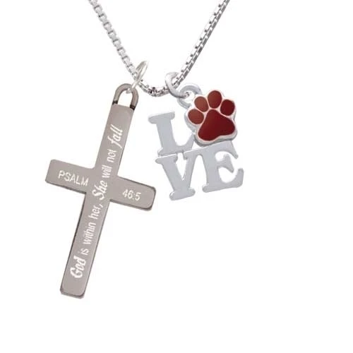 Love with Maroon Paw - She will not Fall - Cross Necklace (1)