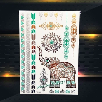 

Hot Gold Silver Henna Temporary Tattoo Sticker PYH95 Thailand Elephant Ganesha Indian Chain Bracelet Design Flash Tattoo Jewelry