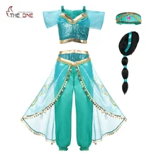 Маскарадный костюм принцессы «Жасмин» для девочек, расшитый блестками, без рукавов, в арабском стиле, MUABABY Детский костюм на Хэллоуин, комплект одежды из 2 предметов