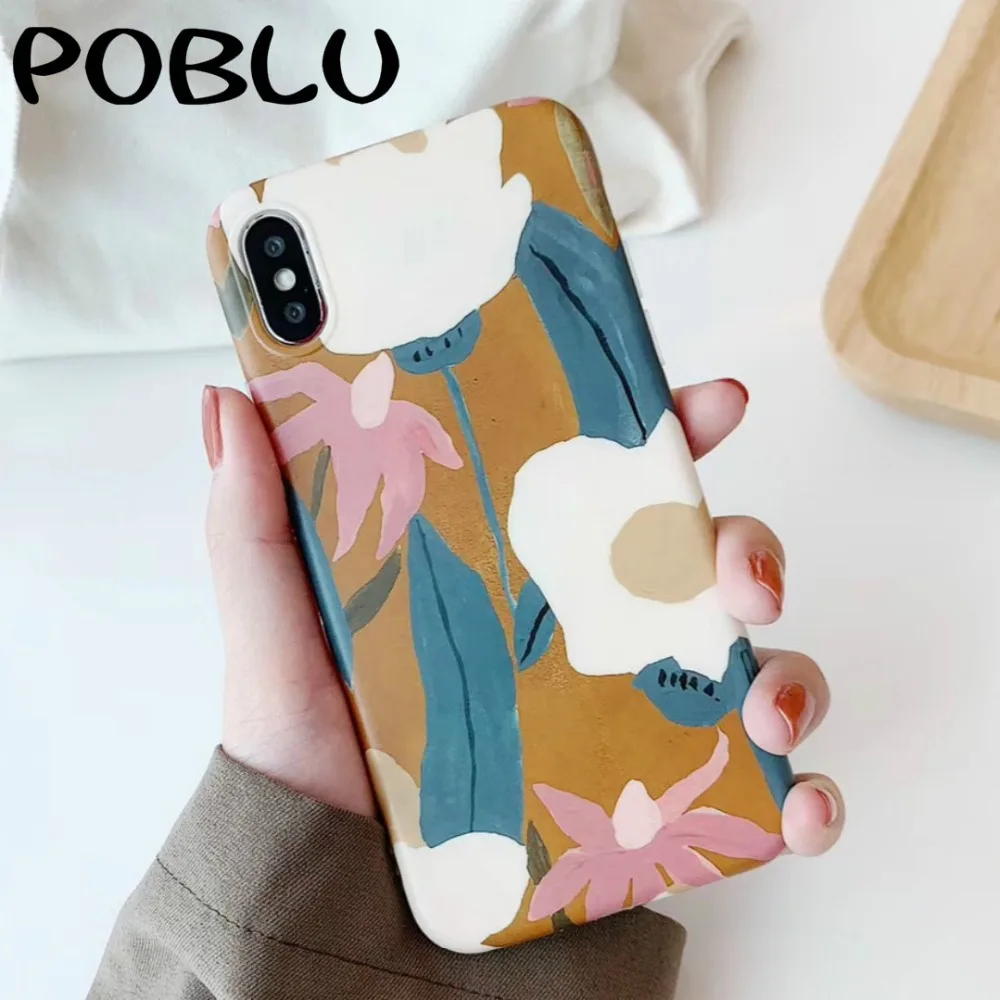 

POBLU Retro Art Oil Painting Flowers Phone Case For iphone X XR XS Max Fashion Soft IMD Matte Back Cover For Iphone 6S 7 8 Plus