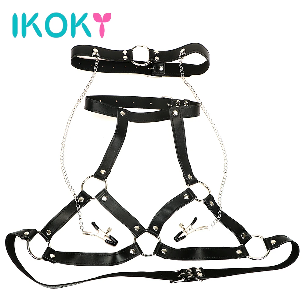 Ikoky Body Harness Sm Bondage Bra Restraints Nipple Clamps Pu Leather Sex Toys For Women Fantasy