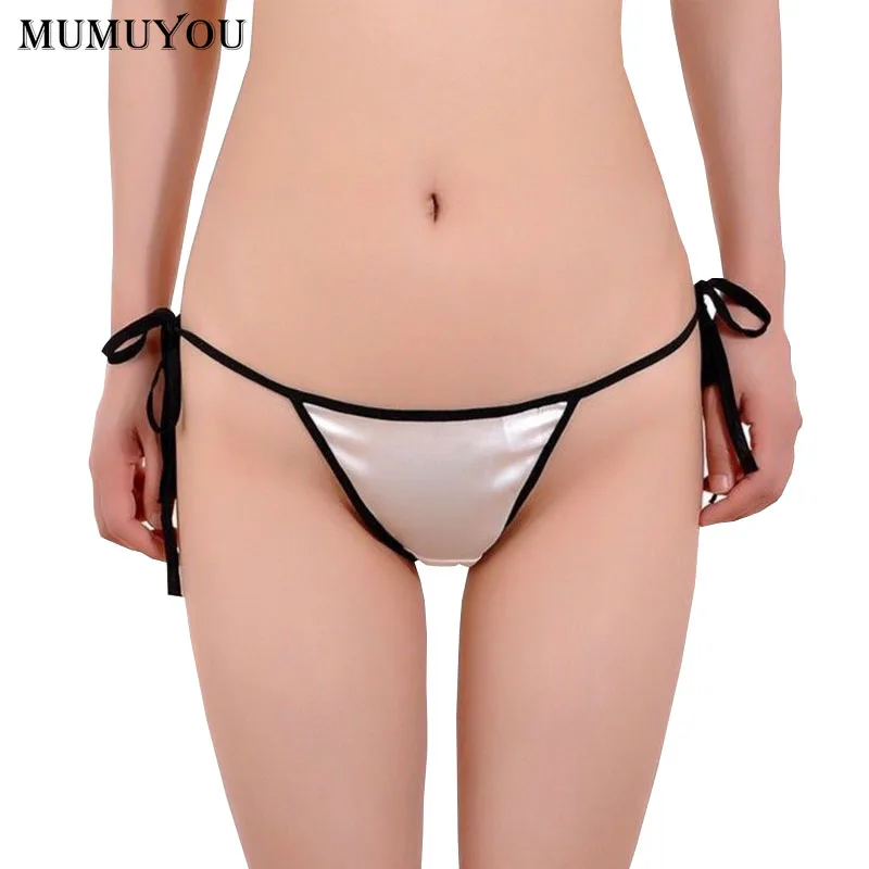 

Women Sexy Faux Silk Briefs Solid Low-Rise Thong Breathable Side Lace Up Soft Bikini Briefs Panties Seamless Underwear 200-B031