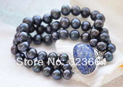 

3row 8" 10mm black round FRESHWATER CULTURED pearl bracelet stone clasp