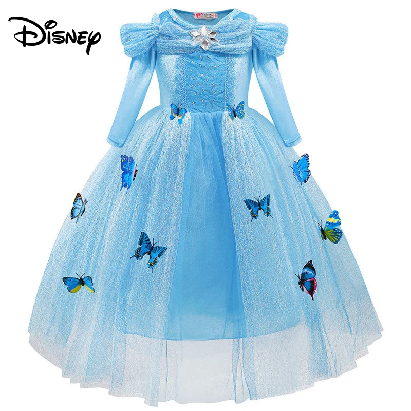 Disney Solid Color Cartoon Lace Dress Cinderella Princess Mesh Girl Fluffy Ice Romance | Детская одежда и обувь