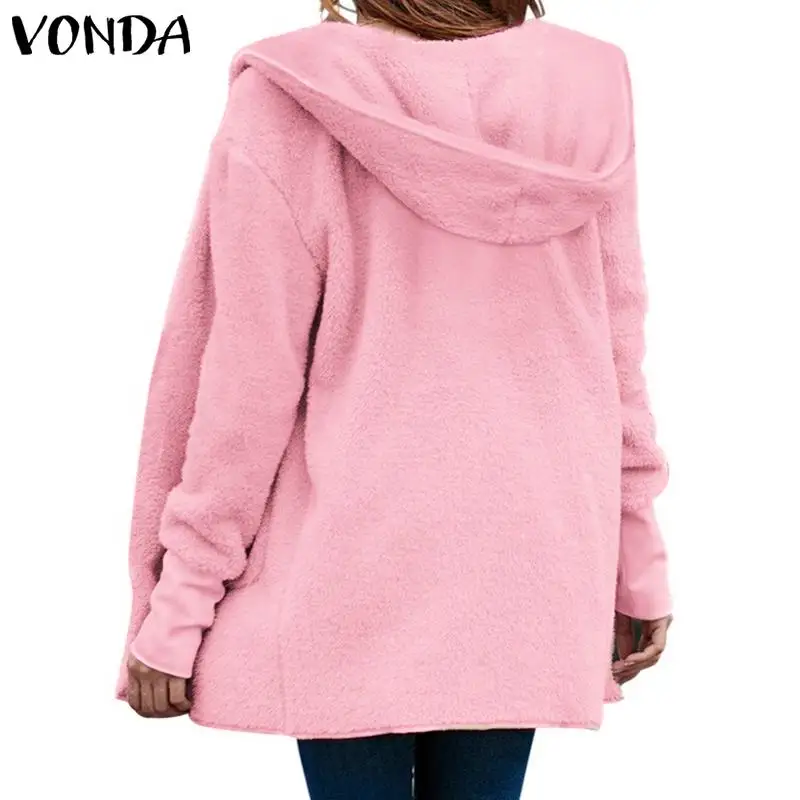 VONDA Women Faux Fur Hooded Jackets Fuzzy Casual Coats Outwear Cardigans Winter Warm Coat Plus Size Solid Color Streetwear