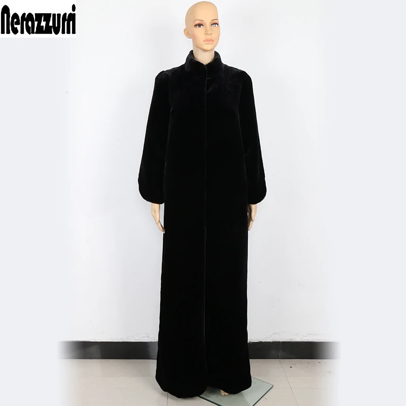 Nerazzurri женское пальто из искусственного меха длиной до пола, черная удлиненная теплая верхняя одежда больших размеров, зимнее меховое пальто с искусственным мехом 5xl 6xl пальто искусственный мех плюшевое пальто - Цвет: Black