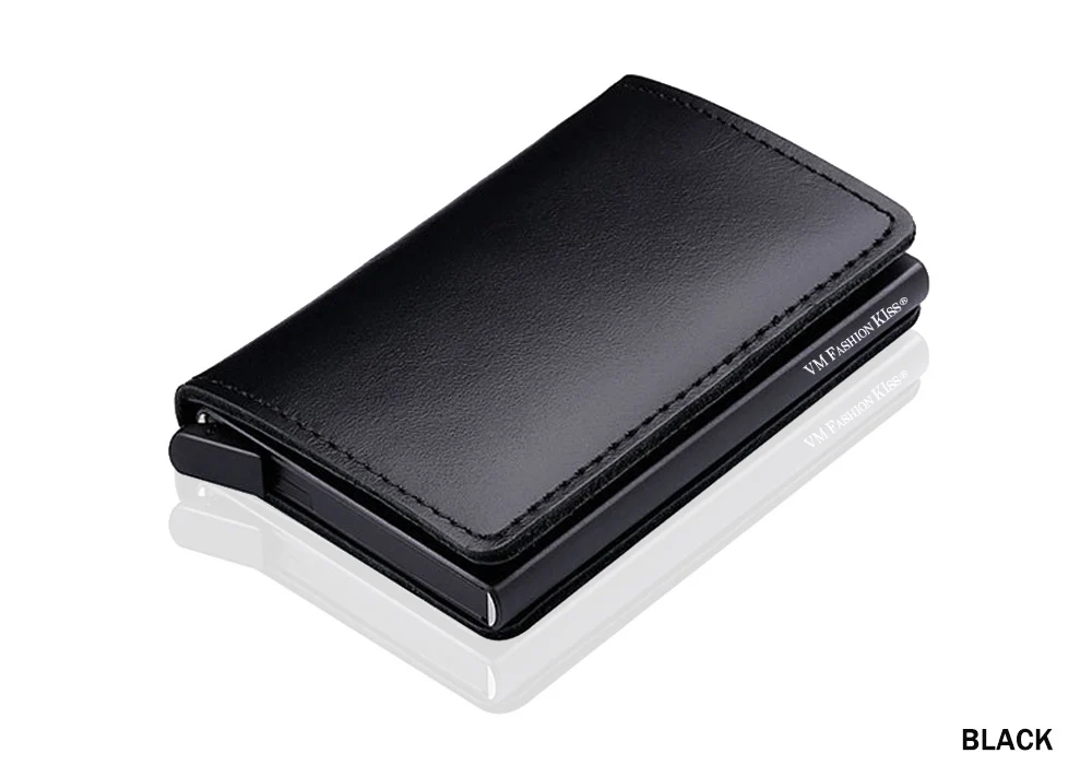 VM FASHION KISS RFID Genuine Leather Minimalist Wallet DIY Metal Aluminum Safe Purse Credit Id Business Card Holder Cardholder - Цвет: black