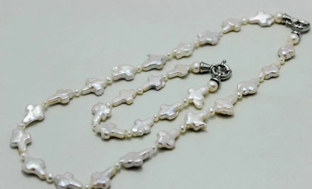 

free shipping>>> j003332 White round & 12x18mm cross fresh water pearl set 18.5&7.8" Alloy "handmade