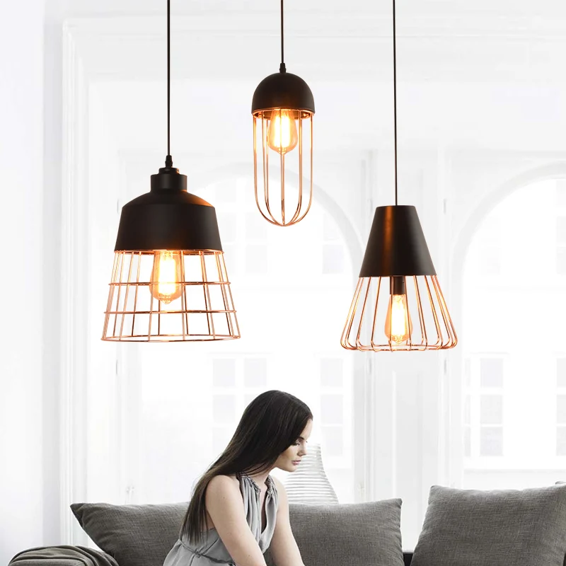 Contemporary Caged White Black Pendant Light Vintage Hanging Restaurant Pendant Lamp Home Lighting Fixture Dining Room Bar Lamps (6)