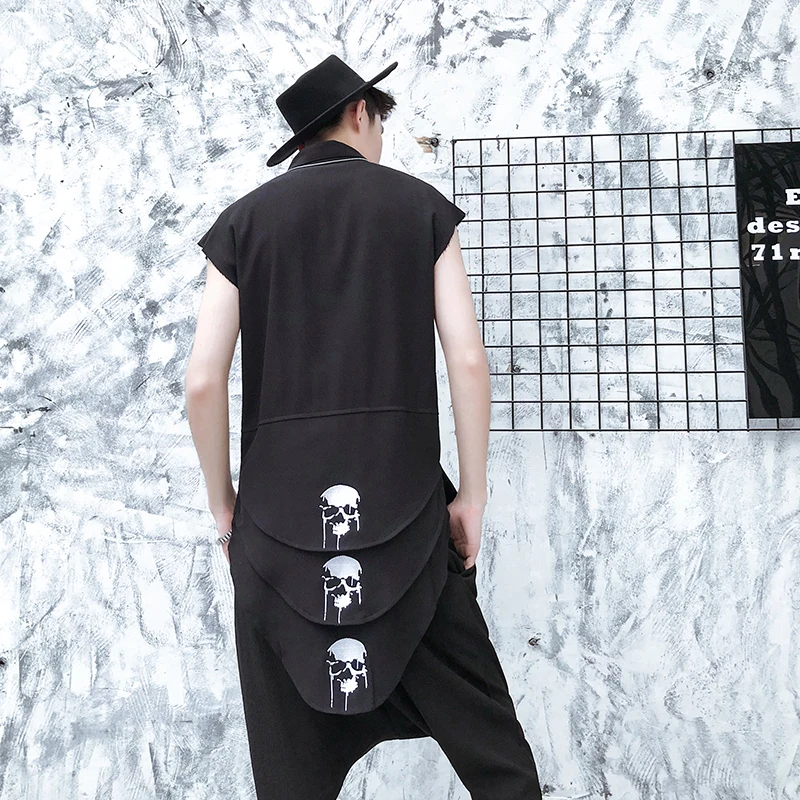 

Male Streetwear Hip Hop Skull Printing Sleeveless Black Shirt Men Punk Gothic Style Casual Shirt