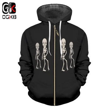 

OGKB Women Black Hip Hop Zip Hoodies 3D Printed Halloween Skulls Streetwear 5XL Wholesale Sweatshirt Trend Clothing