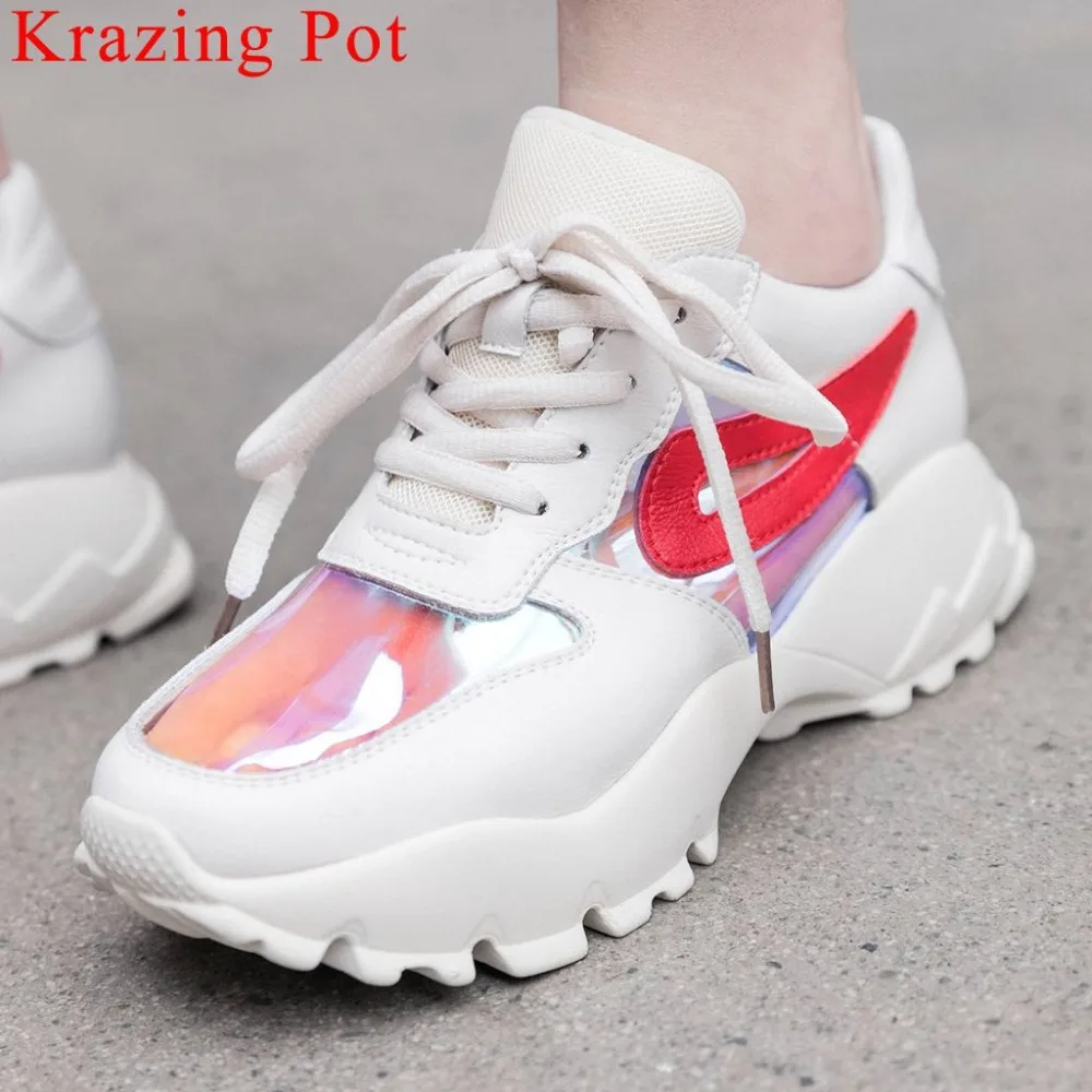 

Krazing Pot European style mixed colors lace up sneakers handmade natural leather plus size well-ventilated vulcanized shoes L60