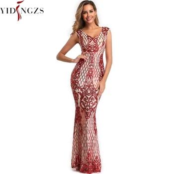 

YIDINGZS Elegant V-neck Mermaid Burgundy Sequins Evening Dress Sleeveless Party Long Evening Dress YD602
