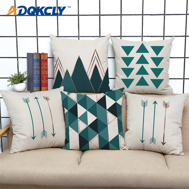 

ADQKCLY Geometric Cushion Cover Green Linen Printed Pillowcase Home Textile Sofa Car Chair 43*43cm throw Pillow Covers 1pc