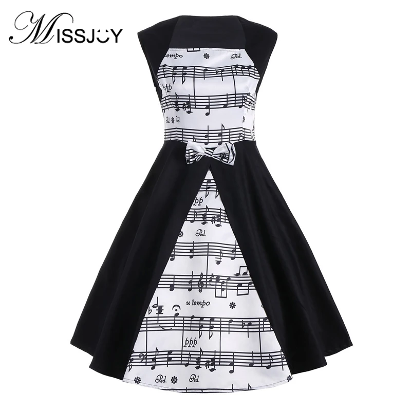 

MISSJOY 2019 Summer Black white patchwork Musical note Print elegant sleeveless Square Collar high waist A-line Party Dresses