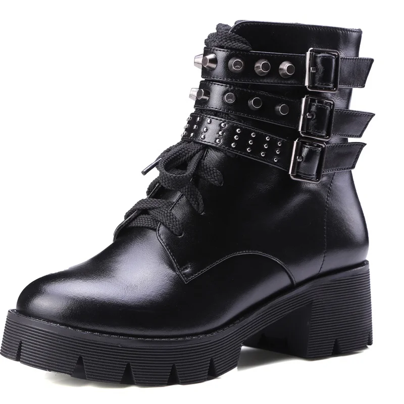 

Square heel 4.5 cm boot Round Toe Rivets Buckle ladies women shoes Comfortable woman platform casual shoes