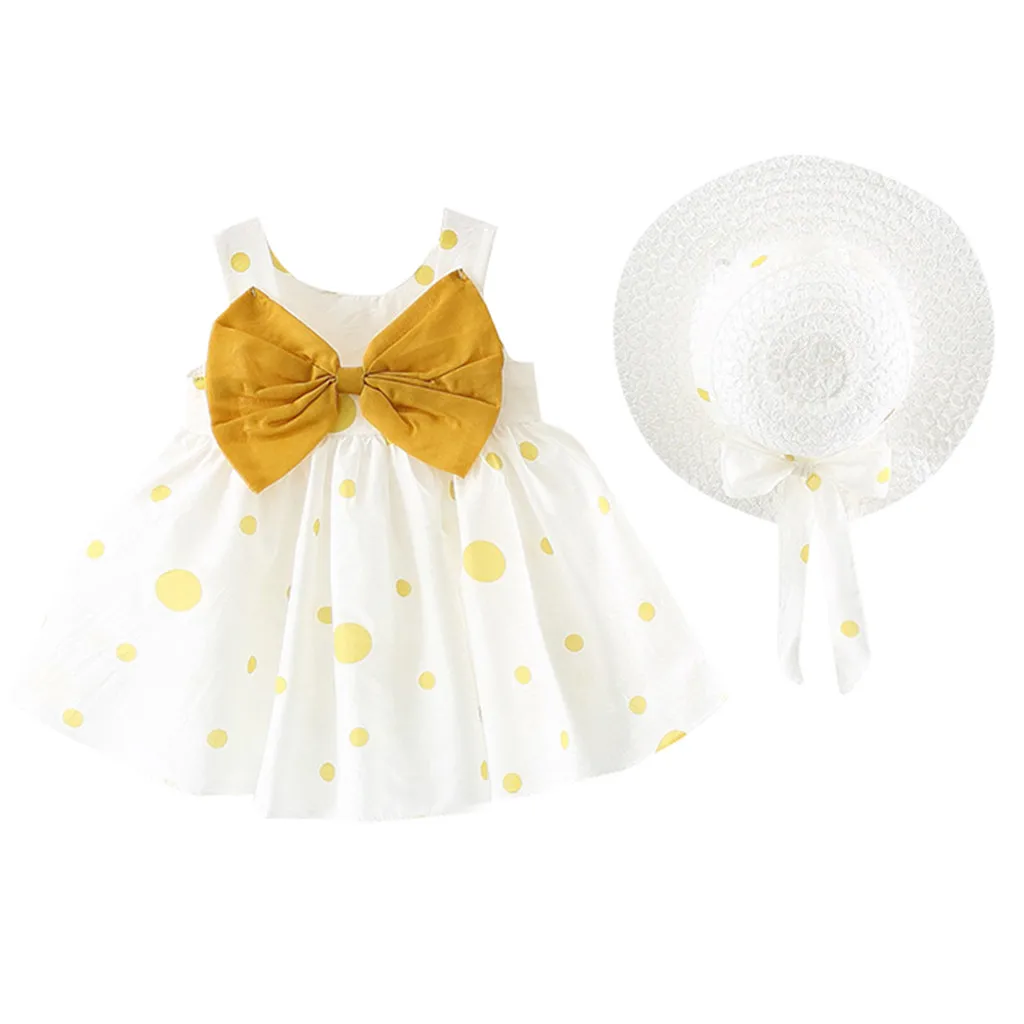 SAGACE/детские летние платья для маленьких девочек; короткое платье без рукавов с принтом в горошек и шляпой; милое разноцветное платье принцессы для маленьких девочек - Цвет: Цвет: желтый