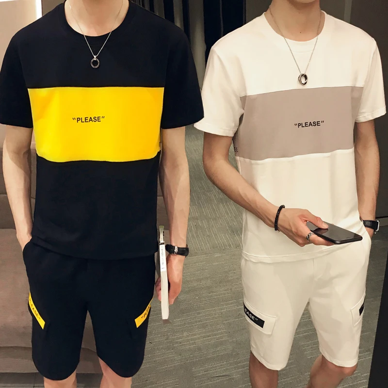 

Streetwear Ropa De Hombre Summer Mens T Shirts+Short 2 Pcs Set Loose Letter Printing Splice Mens Set Fashion Korea Style Clothes