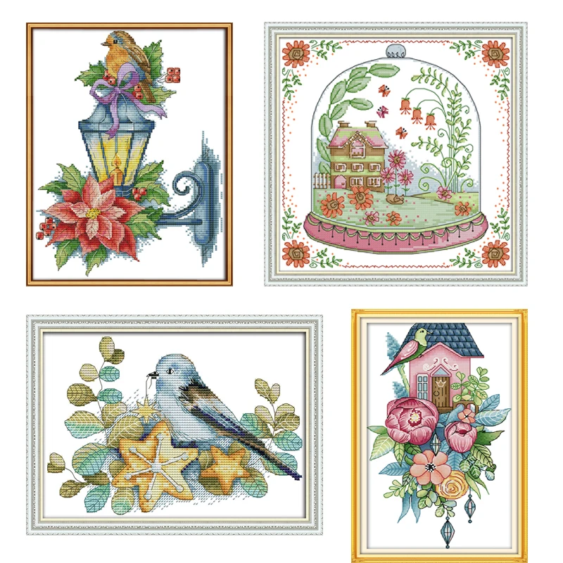 

Joy Sunday Cross-stitch Embroidery kits,DIY Handwork Embroidery Suit,Little Birds and Hut Pattern,Enough Canvas for Embroidery